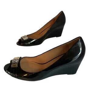 Coach Black Patent Leather Peep Toe Wedge Heels Women’s Size 8.5B